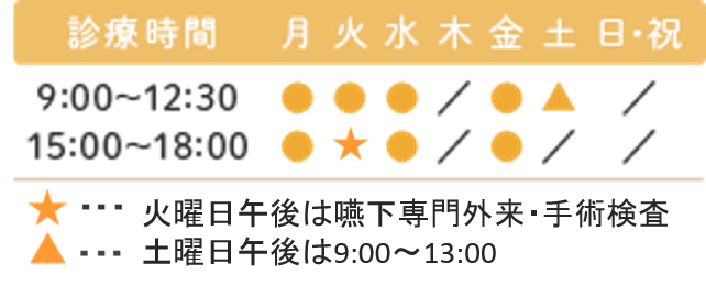 診療時間　9:00～12:30、15:00～18:00　土曜日午前は9:00～13:00